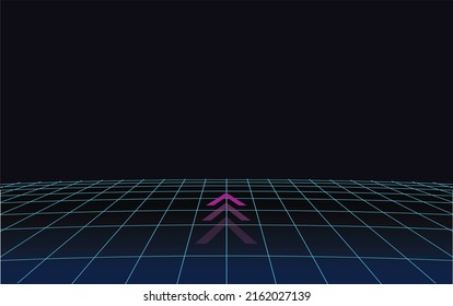 Abstract 1980's Retrowave, Cyberpunk Background With Copy Space, Neon Perspective Grid