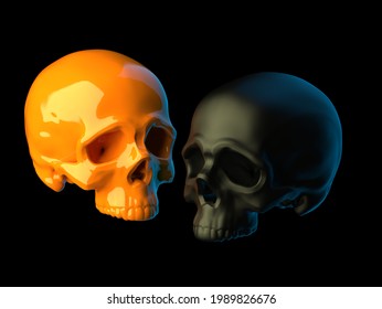 Abstract 2 sculpted orange   black plastic skulls without lower jaws isolated black background  3d illustration