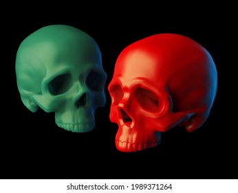 Abstract 2 sculpted red plastic   green wax skulls without lower jaws isolated black background  3d illustration