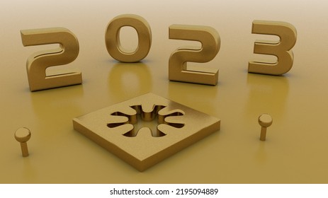 Abstract 2023 Concept; 3d Illustration; Numbers 2023 In Gold Finish; Floral Themed 3d Extrusion And Geometric Objects. 