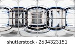 Abstract 360-degree view of a room made of patterned glass blocks. The transparent surfaces create distorted reflections and refracted light, giving a futuristic, geometric, and symmetrical appearance