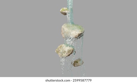 An abstract 3D animation featuring moss-covered floating stones with water gracefully flowing over them. Perfect for conceptual design, fantasy visualizations, and nature-inspired metaphors.