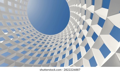 Abstract 3D architectural render looking up through a white circular geometric grid structure towards a clear blue sky, modern minimalist design