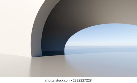 Abstract 3D architectural render of a smooth white curved arch opening to a clear blue sky, minimalist modern space