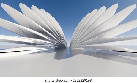 Abstract 3D architectural render of symmetrical white wing-like parametric structure on reflective floor, blue sky background