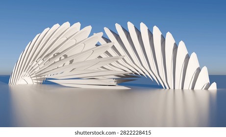 Abstract 3D architectural render of white wing-like parametric structure on reflective surface, clear blue sky background