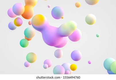 Abstract 3d Art Background. Holographic Floating Liquid Blobs, Soap Bubbles, Metaballs.