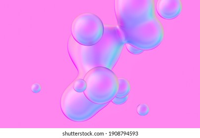 Abstract 3d Art Background. Holographic Floating Liquid Blobs, Soap Bubbles, Metaballs.