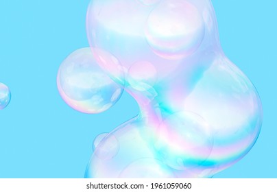 Abstract 3d Art Background. Holographic Floating Liquid Blobs, Soap Bubbles.