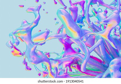 Abstract 3d Art Background With Water Splash Effect. Holographic Iridescent Texture.