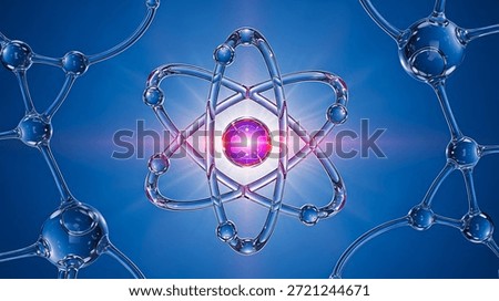 Abstract 3D Atomic Structure and Molecular Network with Glowing Nucleus on Blue Background for Science and Technology