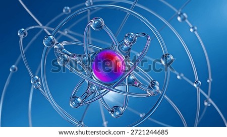 Abstract 3D Atomic Structure and Molecular Network with Glowing Nucleus on Blue Background for Science and Technology