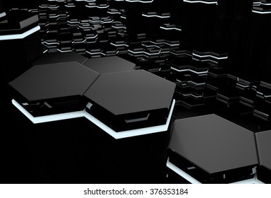 Abstract 3d background of futuristic surface with illuminating black hexagons