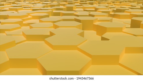 Abstract 3D background with hexagon, yellow modern technology background with extruding hexagons, 3d illustration, honeycomb, bee nest hive render backdrop