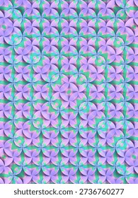 An abstract 3D background with a kaleidoscopic pattern of overlapping circles that form intricate petal shapes. Bright purple and green colors