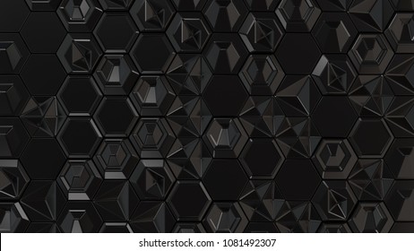 Abstract 3d background made of black hexagons on white background. Wall of hexagons. Honeycomb pattern. 3D render illustration