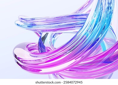 Abstract 3d background with rainbow liquid glass wave swirl effect. Iridescent fluid flow curve shape with pink blue holographic gradient, dispersion light. Modern creative wallpaper. 3D Illustration