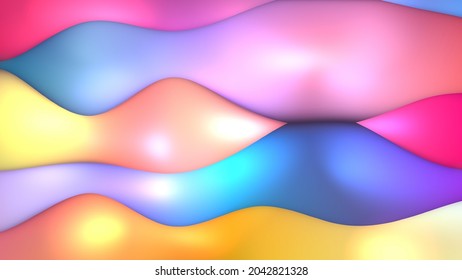 Abstract 3D background. Squishy horizontal waves in cyan, blue, purple, pink, red, orange, yellow, white. This is also available as an animation, which can be found by searching Footage for 1073614214