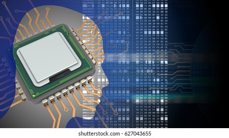 abstract 3d black background and computer chip head silhouette   hexadecimal code