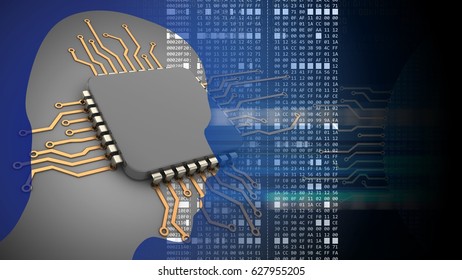 abstract 3d black background and computer cpu head silhouette   hexadecimal code