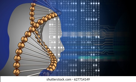 abstract 3d black background and dna structure head silhouette   hexadecimal code