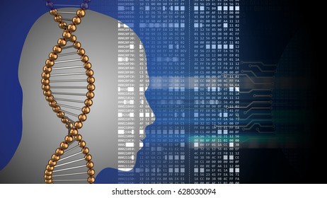 abstract 3d black background and dna head silhouette   hexadecimal code