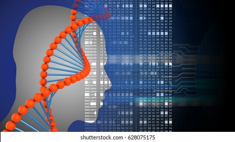 abstract 3d black background and dna shape head silhouette   hexadecimal code