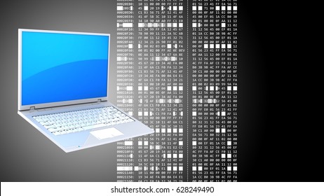 abstract 3d black background and laptop pc   hexadecimal code
