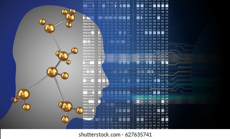 abstract 3d black background and metal molecular shape head silhouette   hexadecimal code
