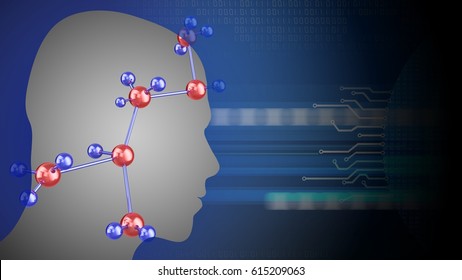 abstract 3d black background with molecular structure and head silhouette