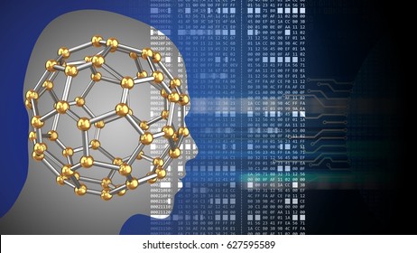 abstract 3d black background and molecular shape head silhouette   hexadecimal code