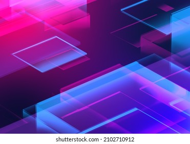 Abstract 3d Blue Purple Color Glitch Blockchain Isometric And Digital Cloud Network Technology Texture Pattern Background. 3d Rendering Crypto System Concept.