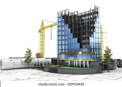 Abstract 3d Of Building Development Concept. Office Building In Process Of Construction.