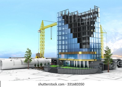 Abstract 3d Of Building Development Concept. Office Building In Process Of Construction.