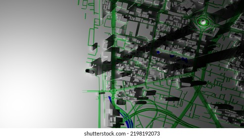 Abstract 3d City Block Isolated On Gray Background With Lighting And Shadow. Concept Design Of High Angle View Of Bangkok Cityscape. Shadow Of A Highrise Building. 3D Rendering Illustration.