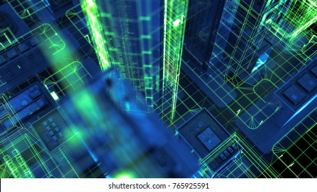 Abstract 3d City Rendering With Lines And Digital Elements. Digital Skyscrappers With Wire Texture. Technology And Connection Concept. Perspective Architecture Background With Wireframe Skyscrapers.