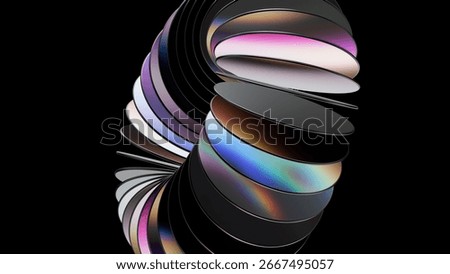 Abstract 3D composition of glossy circular discs stacked in a twisting formation with iridescent reflections on black background, creating a futuristic and dynamic visual effect.