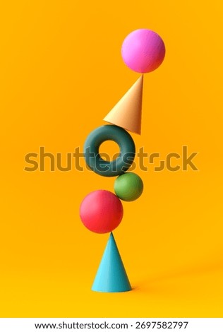 Abstract 3D composition showing multiple colorful geometric shapes stacked precariously, demonstrating balance and equilibrium