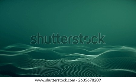 Abstract 3D digital waves made of fine dots on a green background, futuristic landscape or data flow concept.