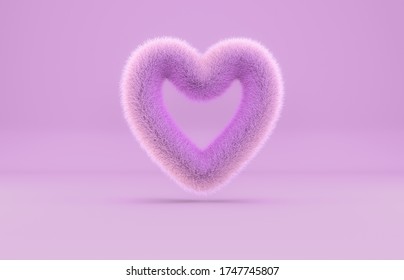 Abstract 3d Geometric Heart Shape Background With Pink Fur Texture.