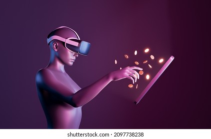 Abstract 3d Girl Touching The Screen Of A Mobile Phone Dropping Coins Into The Air. Metaverse Concept, Play To Earn, Technology, Virtual Reality, Economics And Passive Income 3d Rendering