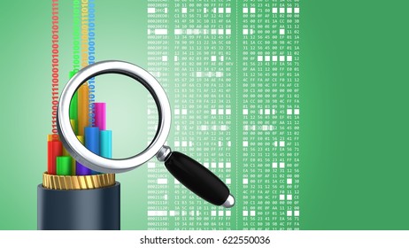 abstract 3d gree background and cable magnify glass   hexadecimal code
