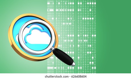 abstract 3d gree background and cloud symbol magnify glass   hexadecimal code