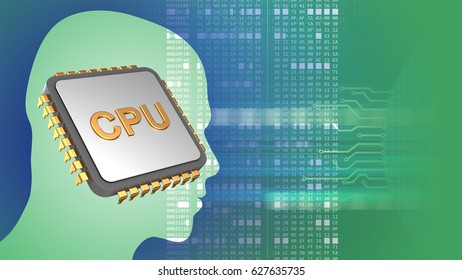 abstract 3d gree background and cpu head silhouette   hexadecimal code