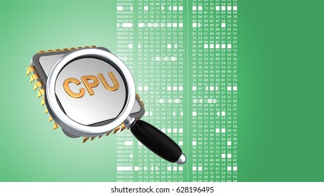 abstract 3d gree background and cpu magnify glass   hexadecimal code