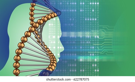 abstract 3d gree background and dna structure head silhouette   hexadecimal code