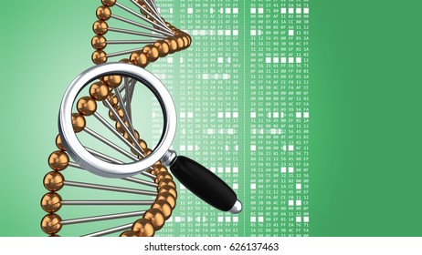 abstract 3d gree background and dna structure magnify glass   hexadecimal code