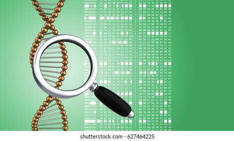 abstract 3d gree background and dna magnify glass   hexadecimal code