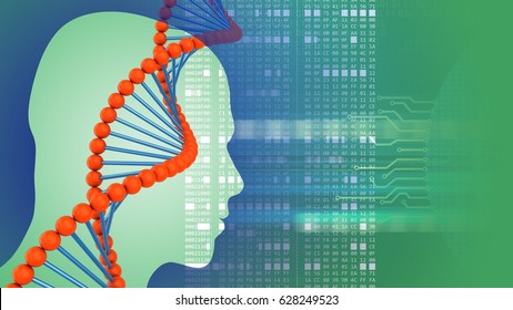 abstract 3d gree background and dna shape head silhouette   hexadecimal code
