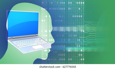 abstract 3d gree background and laptop pc head silhouette   hexadecimal code